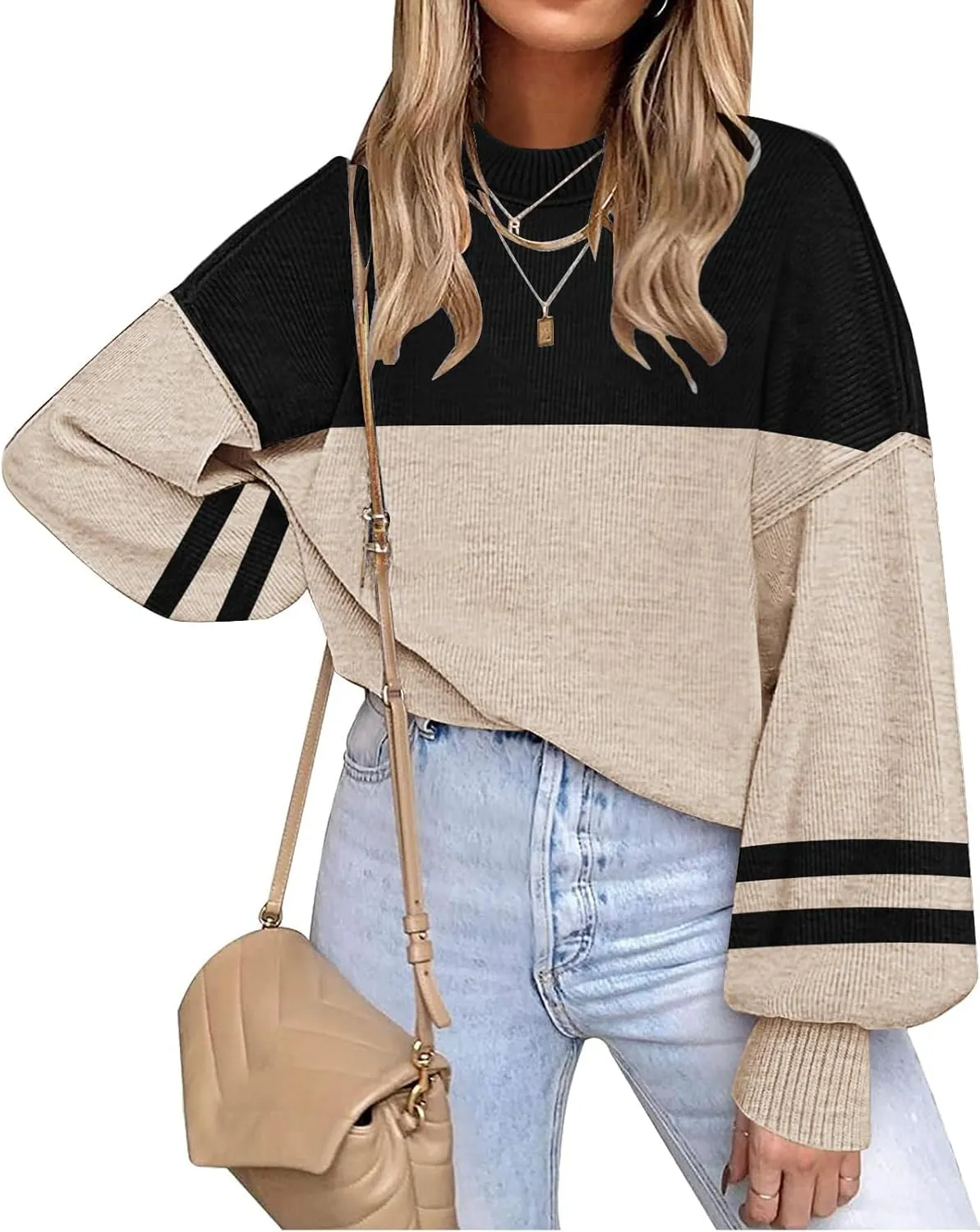 ETCYY Womens Sweaters Fall 2025 Batwing Long Sleeve Side Slit Knit Tops Crew Neck Striped Oversized Sweater Pullover
