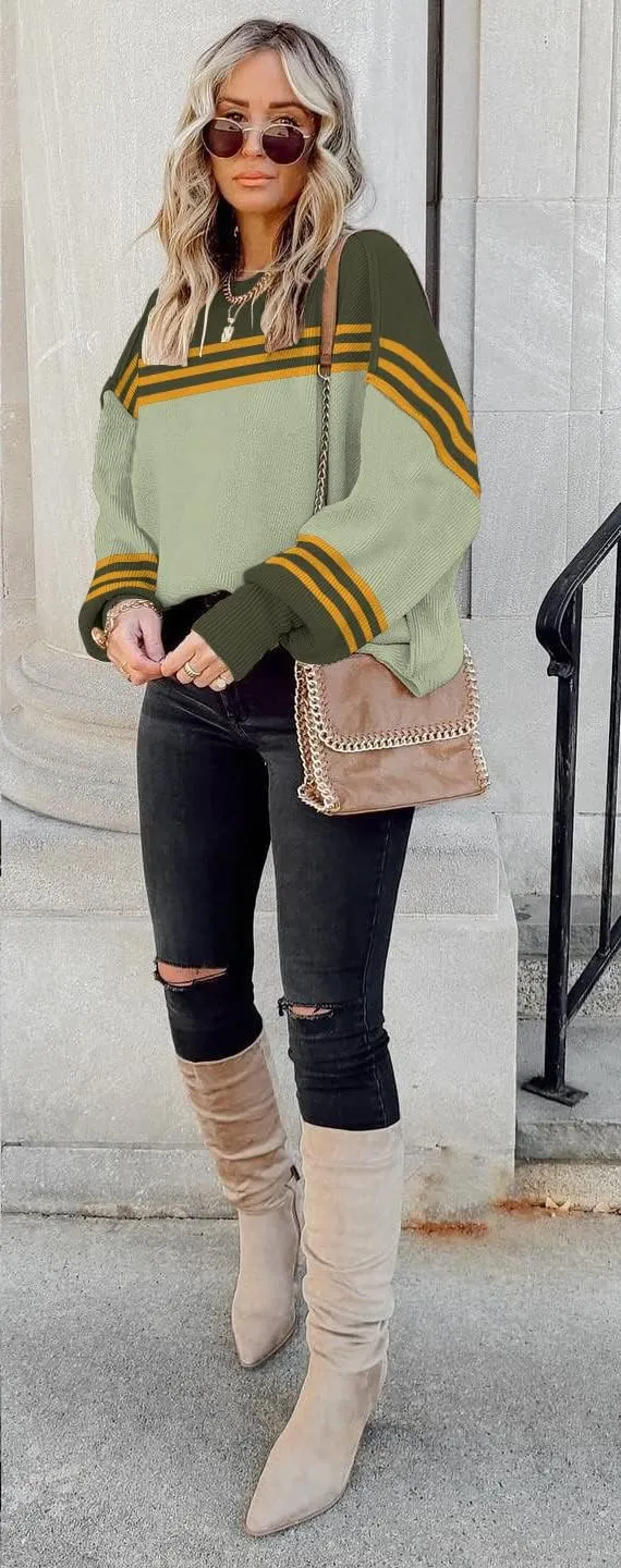 ETCYY Womens Sweaters Fall 2025 Batwing Long Sleeve Side Slit Knit Tops Crew Neck Striped Oversized Sweater Pullover