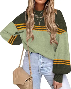 ETCYY Womens Sweaters Fall 2025 Batwing Long Sleeve Side Slit Knit Tops Crew Neck Striped Oversized Sweater Pullover