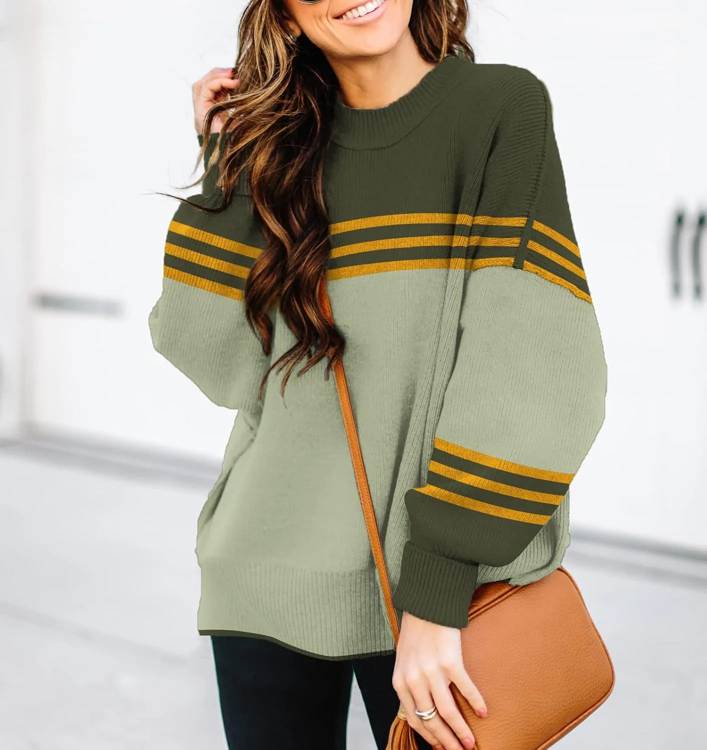 ETCYY Womens Sweaters Fall 2025 Batwing Long Sleeve Side Slit Knit Tops Crew Neck Striped Oversized Sweater Pullover