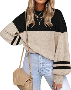 ETCYY Womens Sweaters Fall 2025 Batwing Long Sleeve Side Slit Knit Tops Crew Neck Striped Oversized Sweater Pullover
