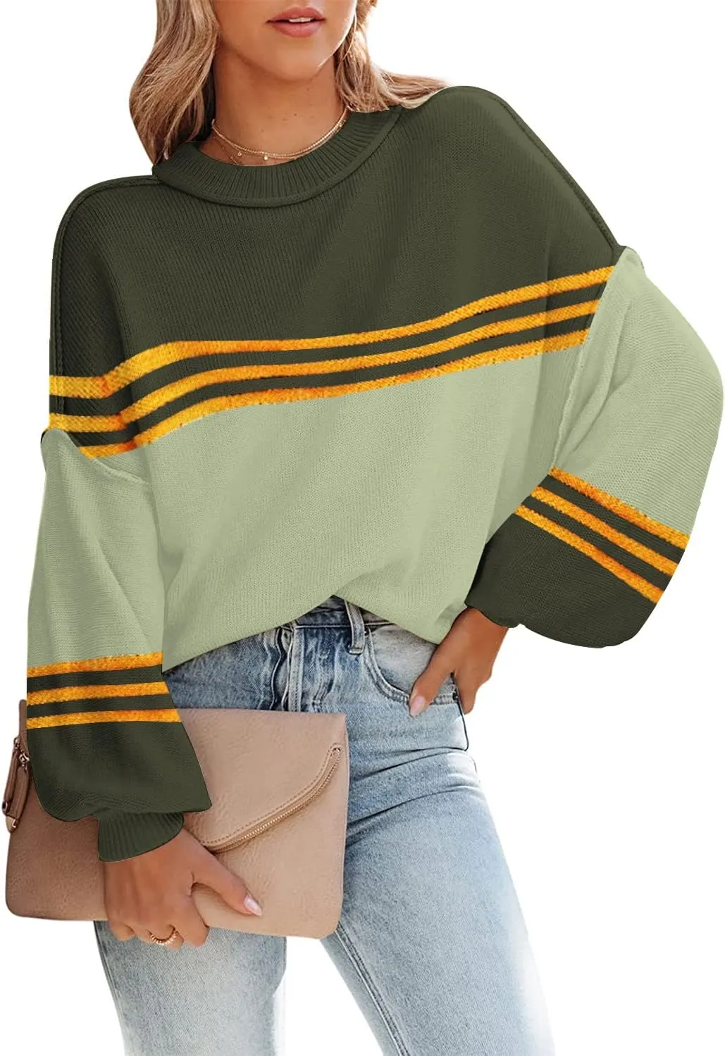 ETCYY Womens Sweaters Fall 2025 Batwing Long Sleeve Side Slit Knit Tops Crew Neck Striped Oversized Sweater Pullover