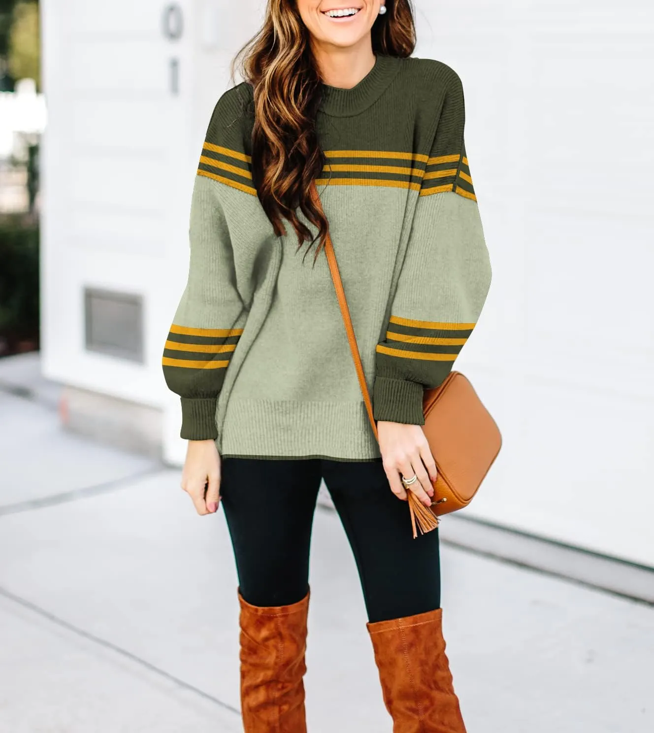 ETCYY Womens Sweaters Fall 2025 Batwing Long Sleeve Side Slit Knit Tops Crew Neck Striped Oversized Sweater Pullover