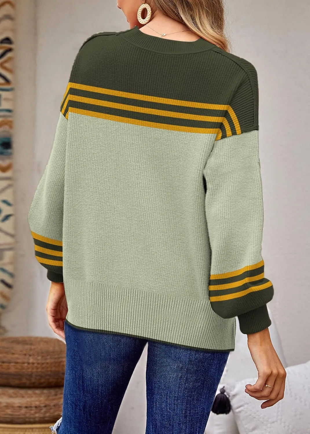 ETCYY Womens Sweaters Fall 2025 Batwing Long Sleeve Side Slit Knit Tops Crew Neck Striped Oversized Sweater Pullover