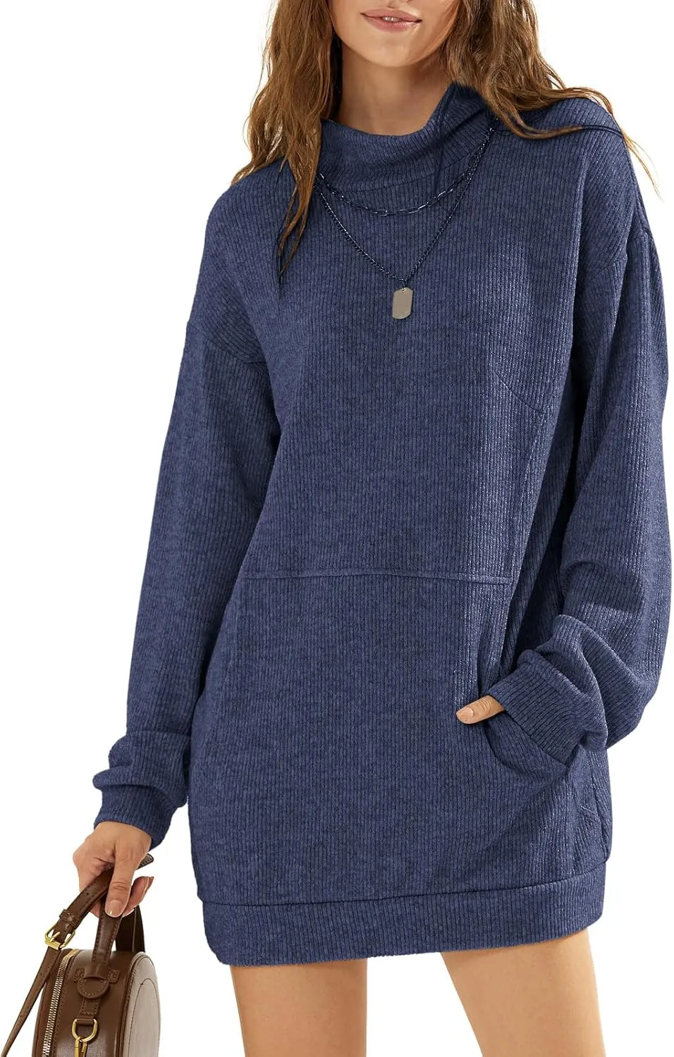 EXLURA Womens Casual Oversized Long Sleeve Sweater Dress with Pocket Loose Fit Knit Fall Winter Long Pullover Sweater Tunic