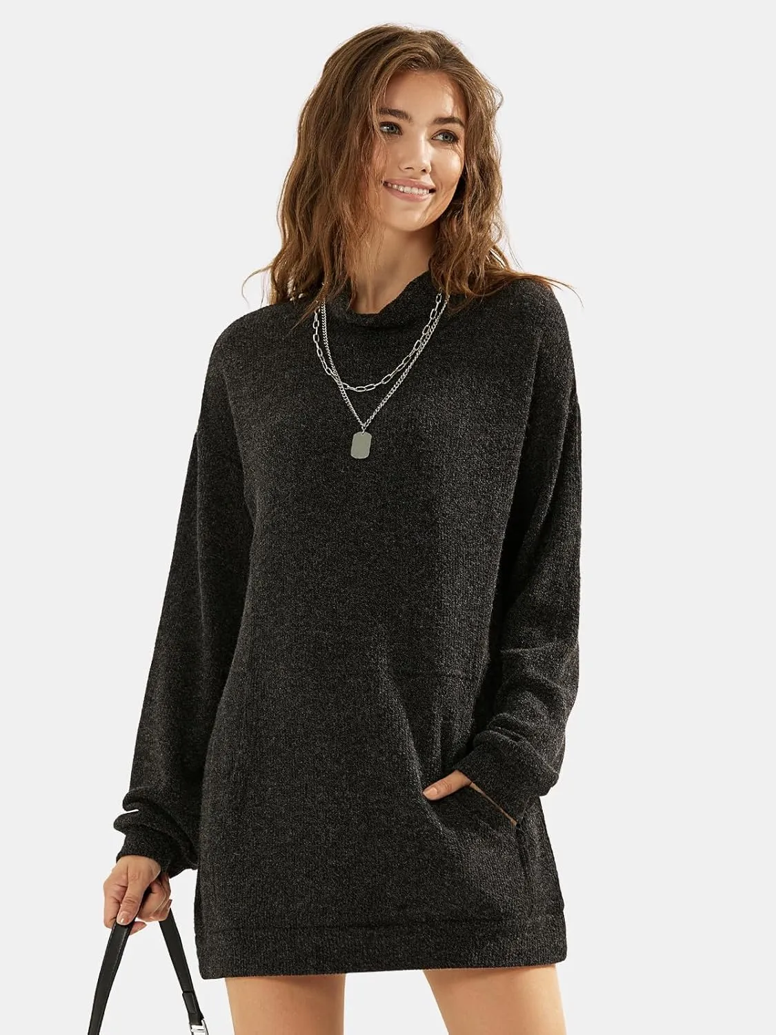EXLURA Womens Casual Oversized Long Sleeve Sweater Dress with Pocket Loose Fit Knit Fall Winter Long Pullover Sweater Tunic
