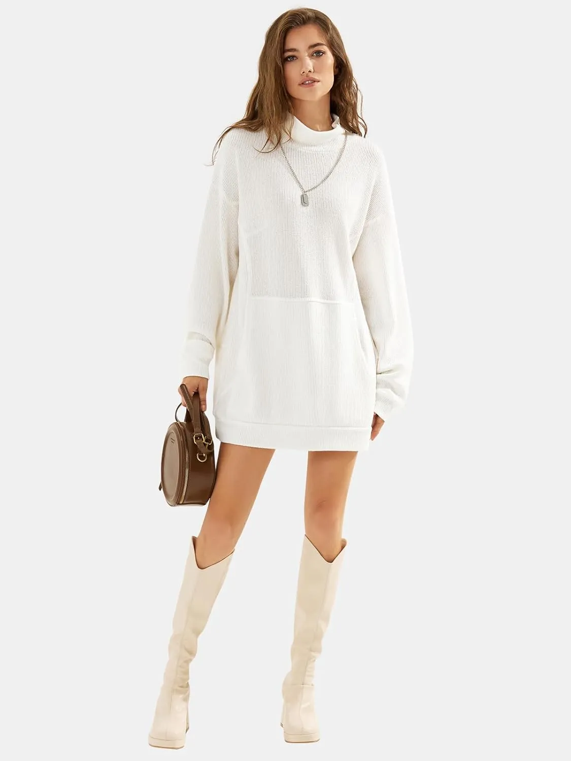 EXLURA Womens Casual Oversized Long Sleeve Sweater Dress with Pocket Loose Fit Knit Fall Winter Long Pullover Sweater Tunic