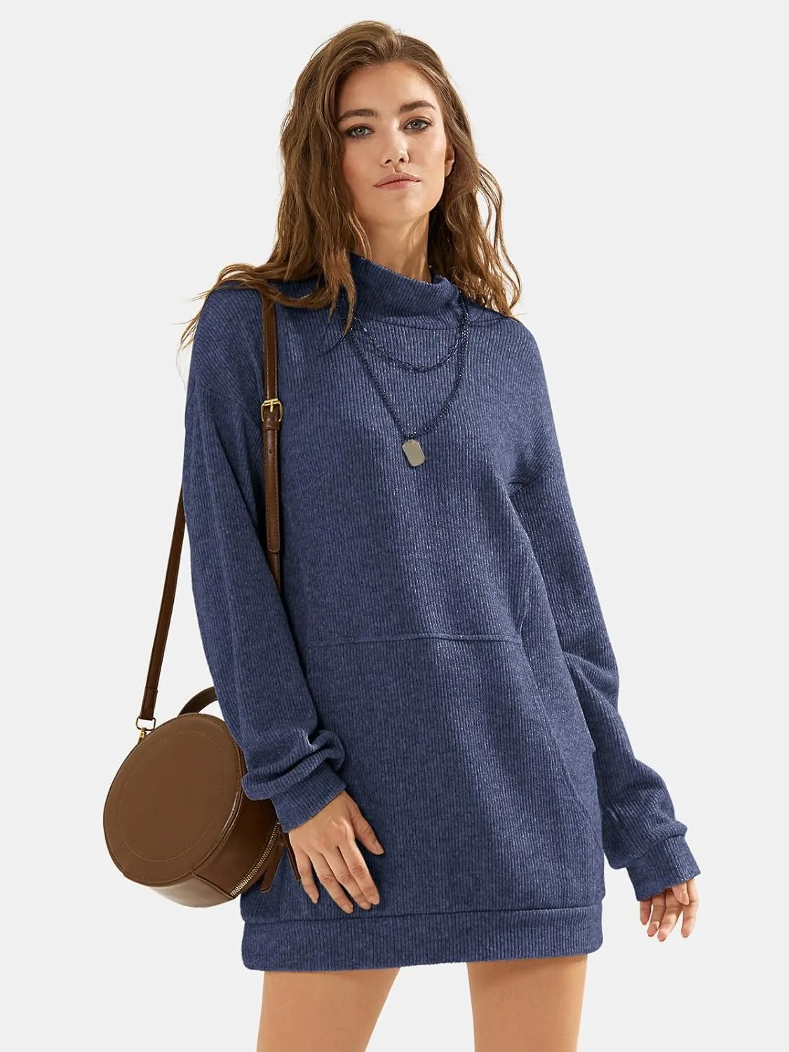 EXLURA Womens Casual Oversized Long Sleeve Sweater Dress with Pocket Loose Fit Knit Fall Winter Long Pullover Sweater Tunic