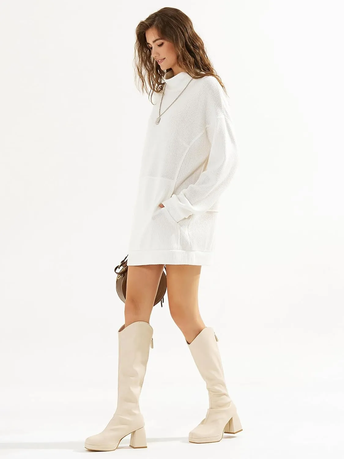 EXLURA Womens Casual Oversized Long Sleeve Sweater Dress with Pocket Loose Fit Knit Fall Winter Long Pullover Sweater Tunic