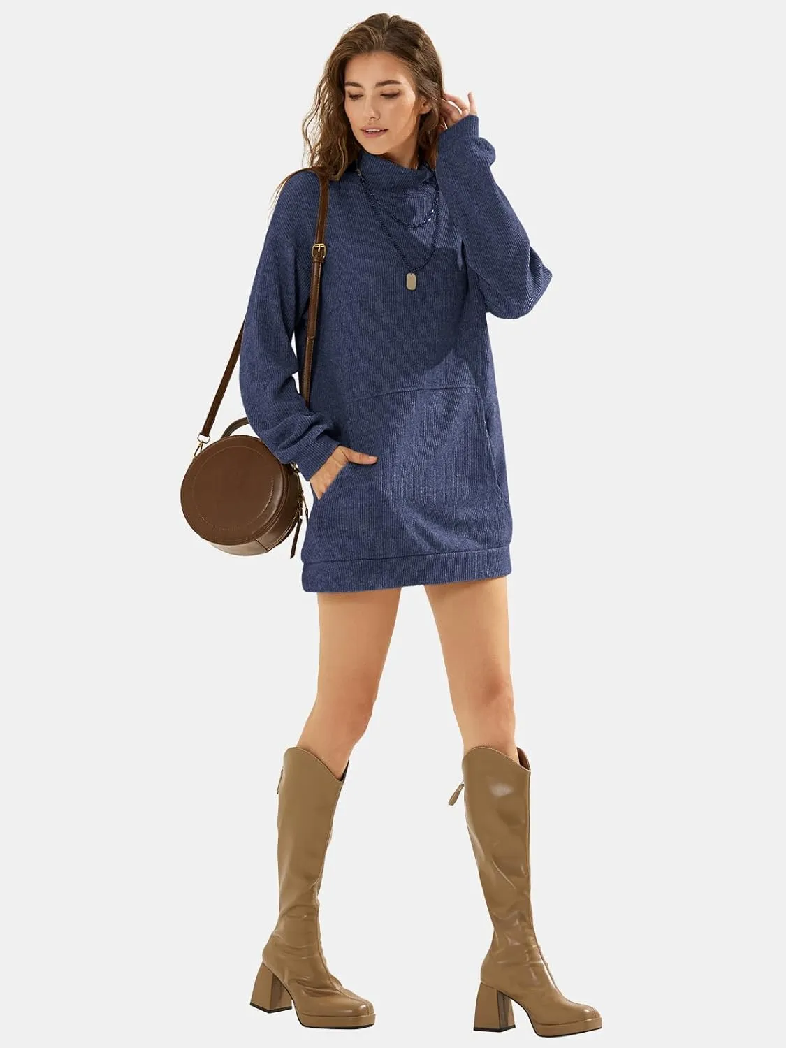 EXLURA Womens Casual Oversized Long Sleeve Sweater Dress with Pocket Loose Fit Knit Fall Winter Long Pullover Sweater Tunic
