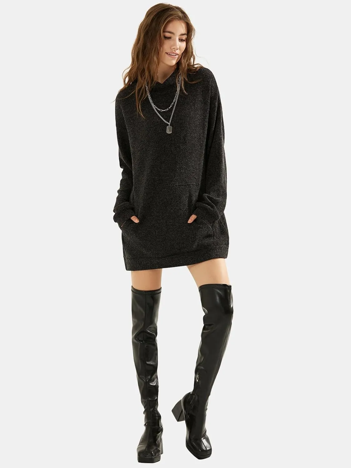EXLURA Womens Casual Oversized Long Sleeve Sweater Dress with Pocket Loose Fit Knit Fall Winter Long Pullover Sweater Tunic