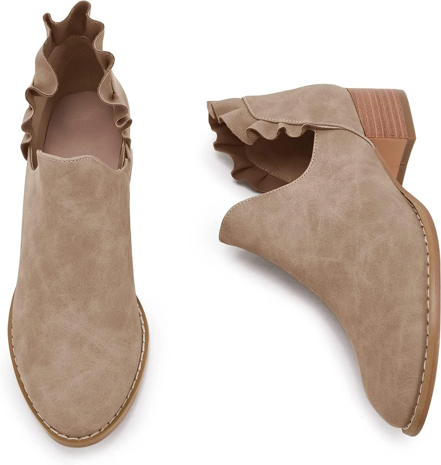 Fashare Womens Fall Cutout Booties Ankle Heels Low Stacked Ruffle Slip On Dress Short Boots Shoes