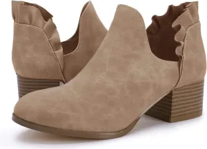 Fashare Womens Fall Cutout Booties Ankle Heels Low Stacked Ruffle Slip On Dress Short Boots Shoes