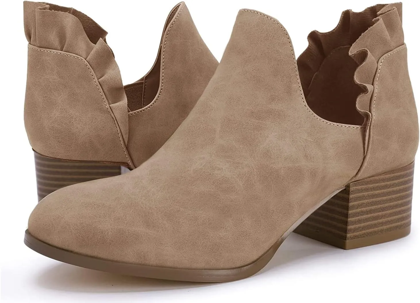 Fashare Womens Fall Cutout Booties Ankle Heels Low Stacked Ruffle Slip On Dress Short Boots Shoes