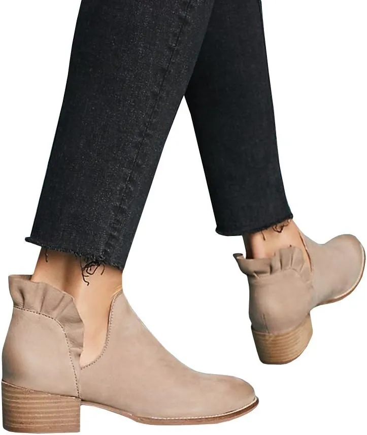Fashare Womens Fall Cutout Booties Ankle Heels Low Stacked Ruffle Slip On Dress Short Boots Shoes