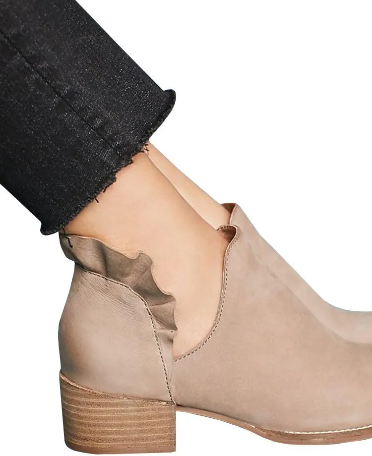 Fashare Womens Fall Cutout Booties Ankle Heels Low Stacked Ruffle Slip On Dress Short Boots Shoes