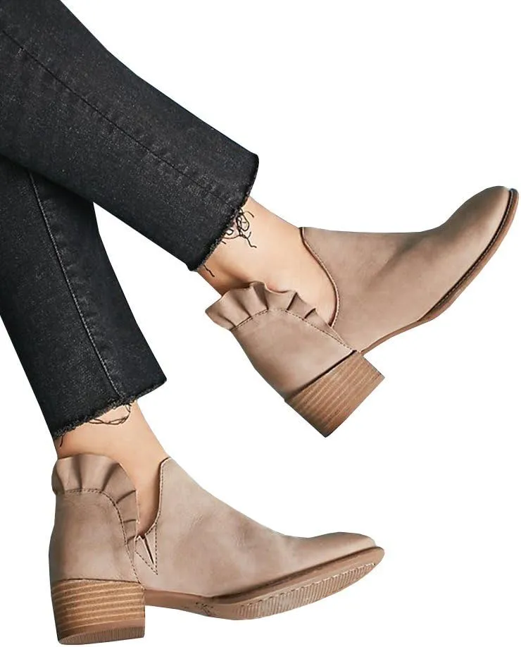 Fashare Womens Fall Cutout Booties Ankle Heels Low Stacked Ruffle Slip On Dress Short Boots Shoes