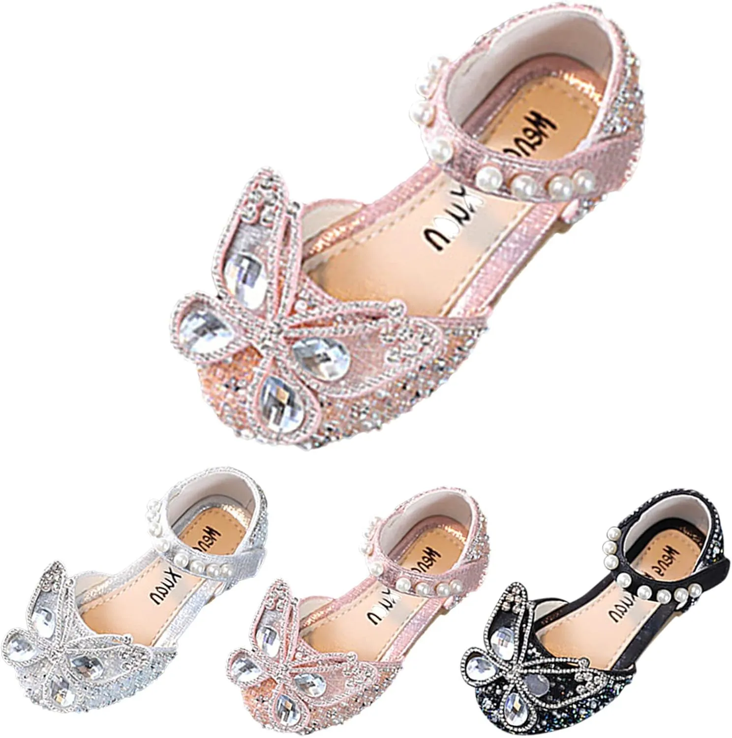 Fashion Summer Girls Sandals Dress Performance Dance Shoes Rhinestone Cartoon Butterfly Shape Sequin Pearl Hook Par Kids