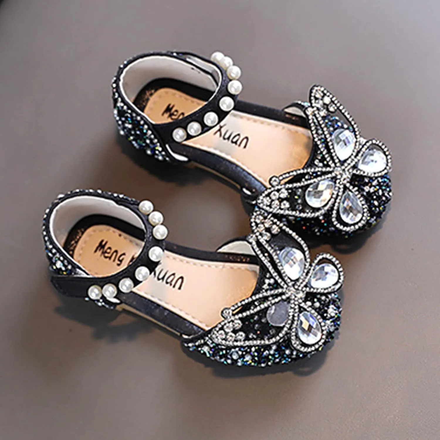 Fashion Summer Girls Sandals Dress Performance Dance Shoes Rhinestone Cartoon Butterfly Shape Sequin Pearl Hook Par Kids