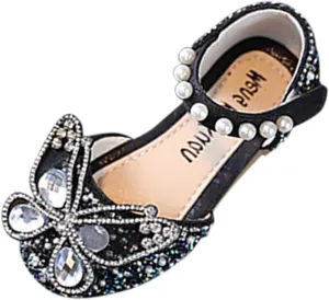 Fashion Summer Girls Sandals Dress Performance Dance Shoes Rhinestone Cartoon Butterfly Shape Sequin Pearl Hook Par Kids