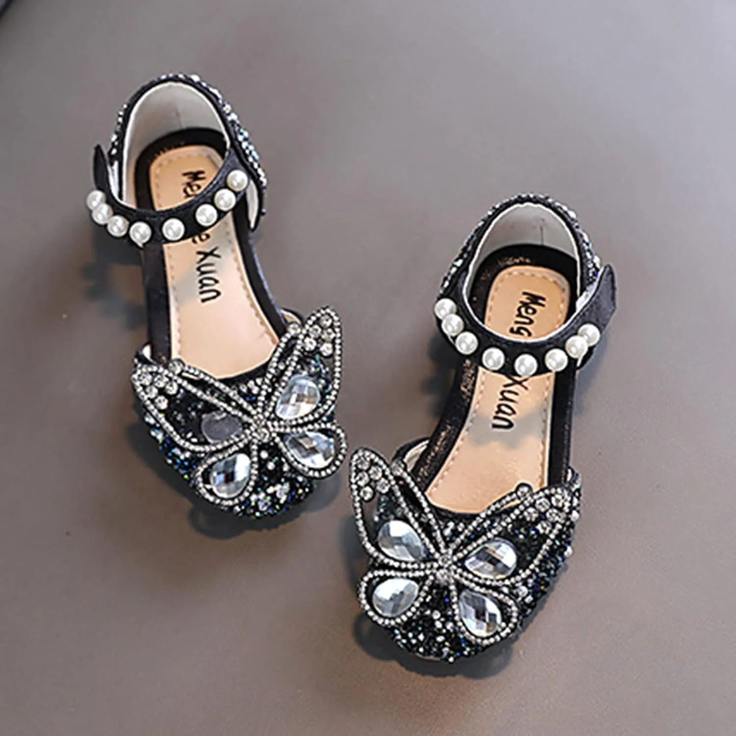 Fashion Summer Girls Sandals Dress Performance Dance Shoes Rhinestone Cartoon Butterfly Shape Sequin Pearl Hook Par Kids