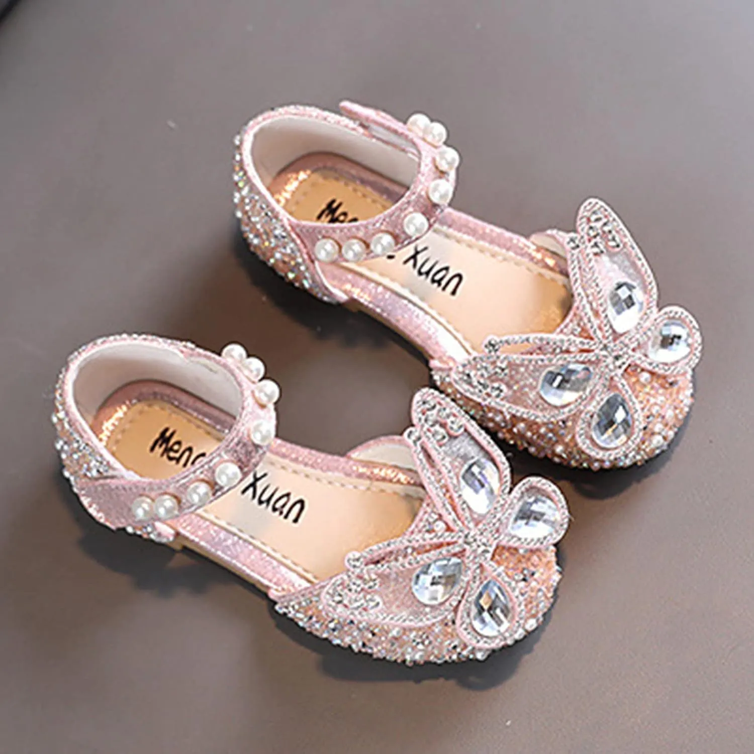 Fashion Summer Girls Sandals Dress Performance Dance Shoes Rhinestone Cartoon Butterfly Shape Sequin Pearl Hook Par Kids