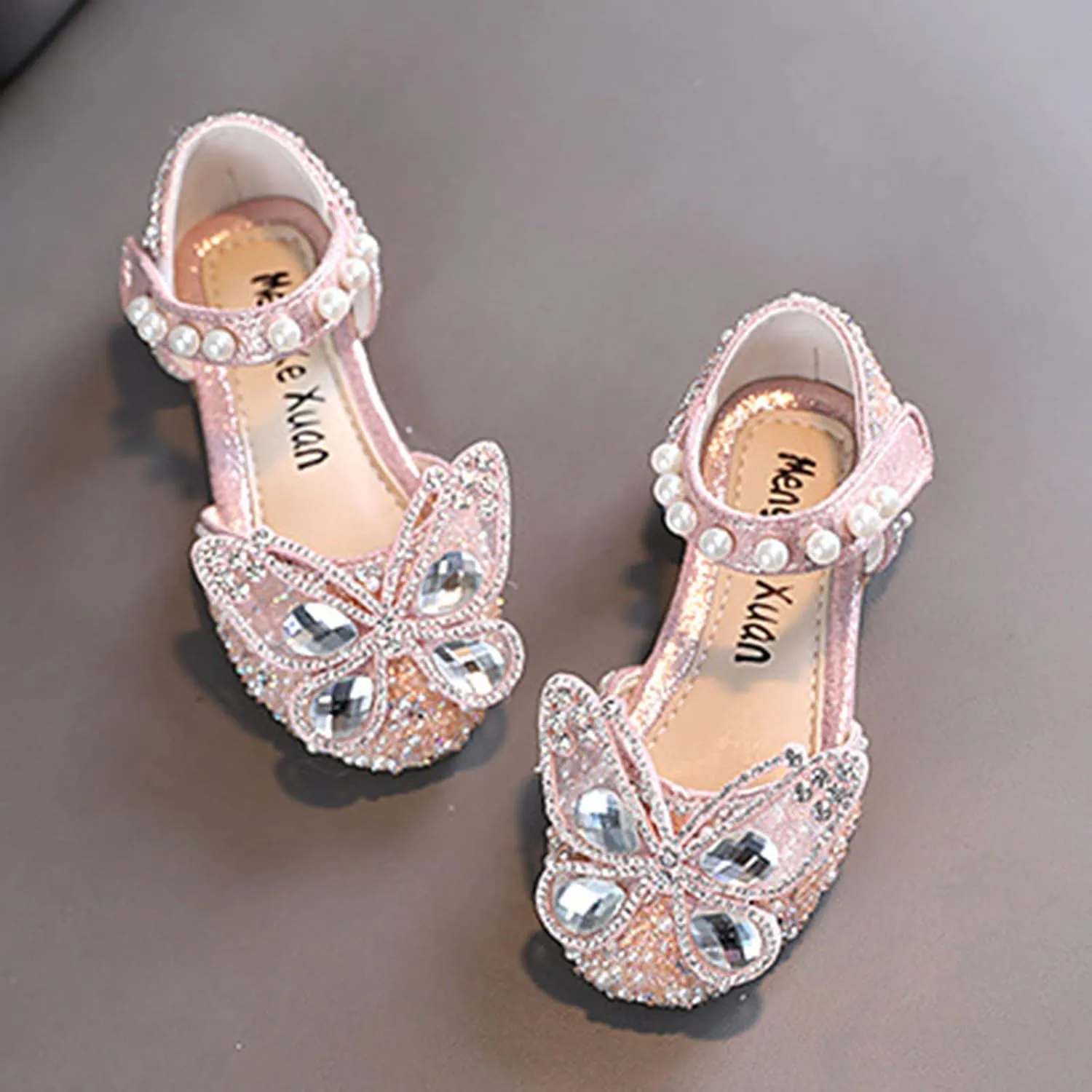 Fashion Summer Girls Sandals Dress Performance Dance Shoes Rhinestone Cartoon Butterfly Shape Sequin Pearl Hook Par Kids