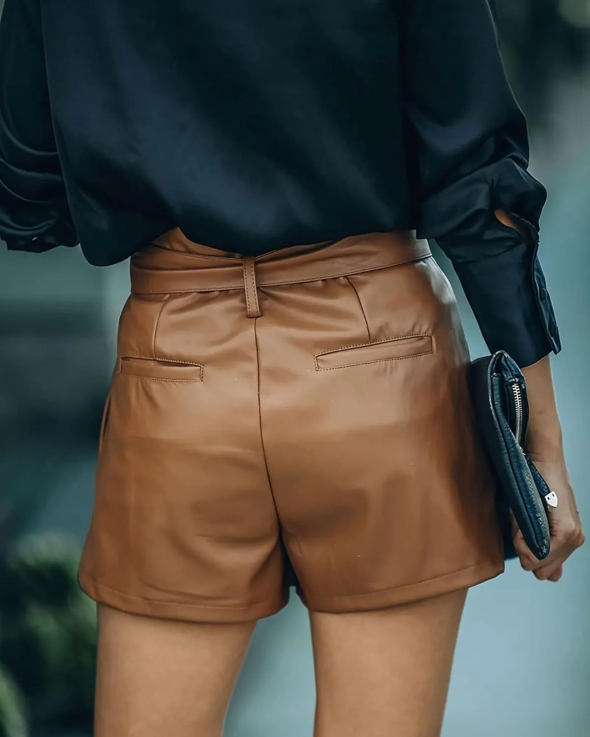 Faux Leather Shorts Stretchy High Waisted Wide Leg with Pockets for Women