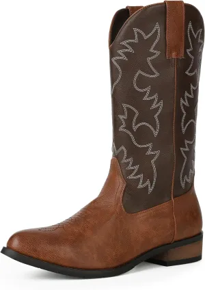 femflame Cowboy Boots for Men Round Toe Distressed Work boots Embroidered Western Boots Traditional Country Boot