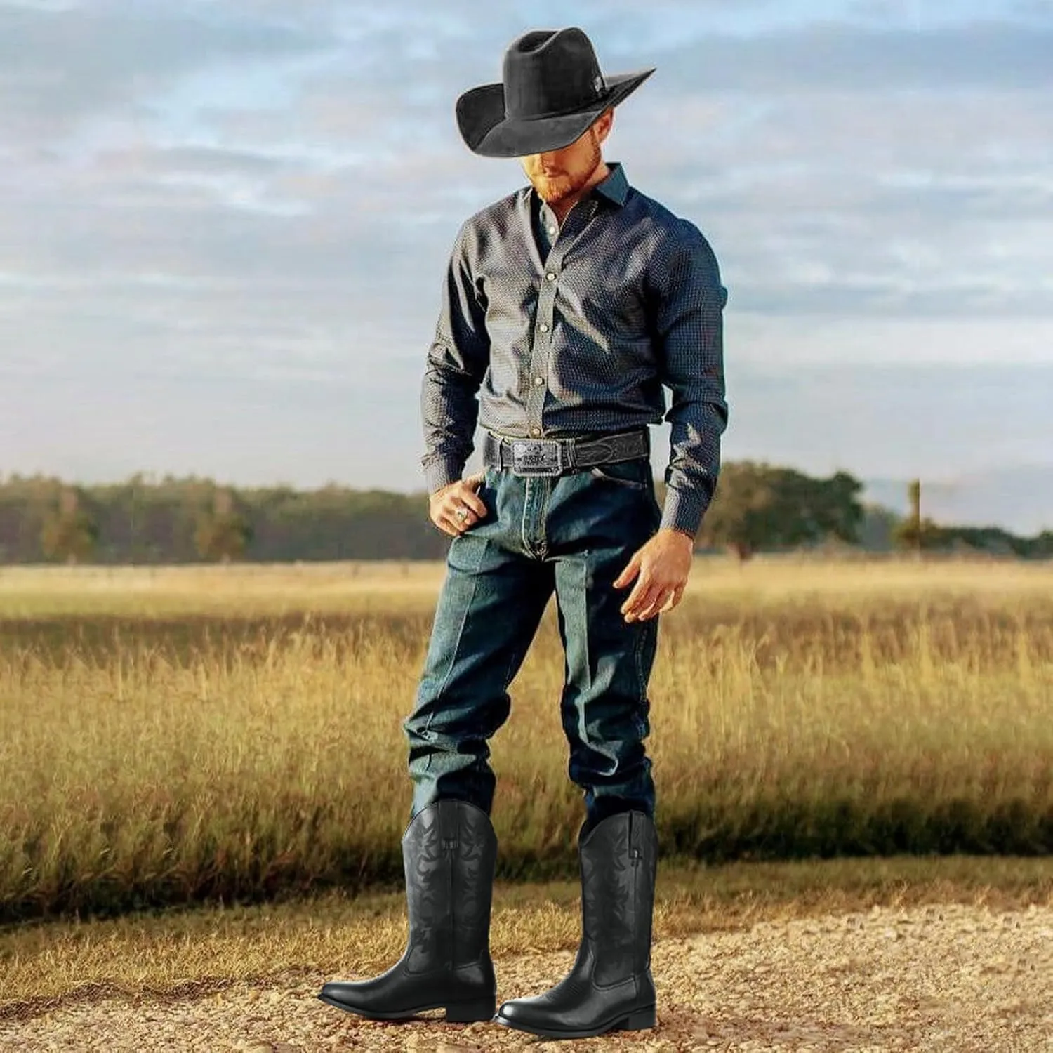 femflame Cowboy Boots for Men Round Toe Distressed Work boots Embroidered Western Boots Traditional Country Boot