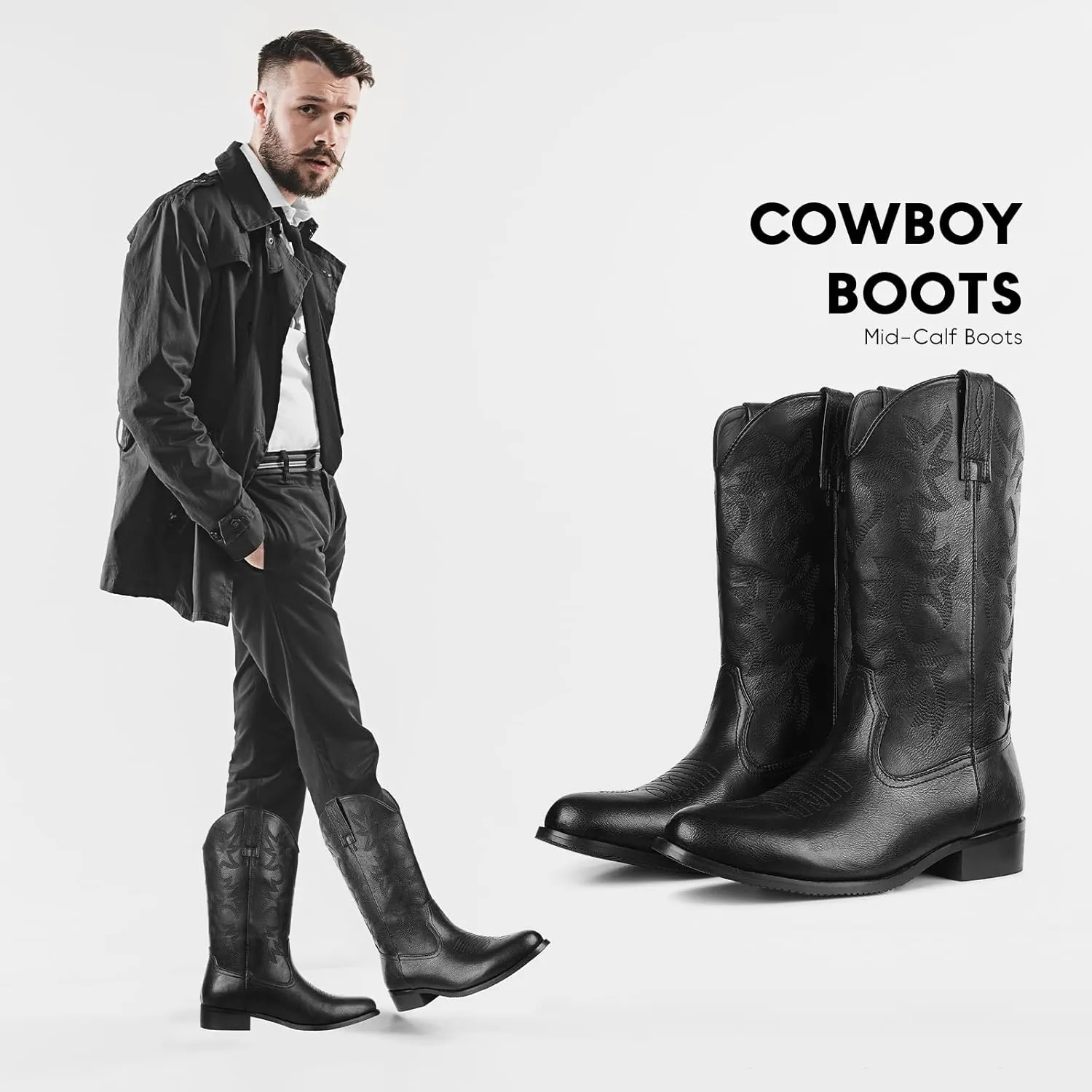 femflame Cowboy Boots for Men Round Toe Distressed Work boots Embroidered Western Boots Traditional Country Boot