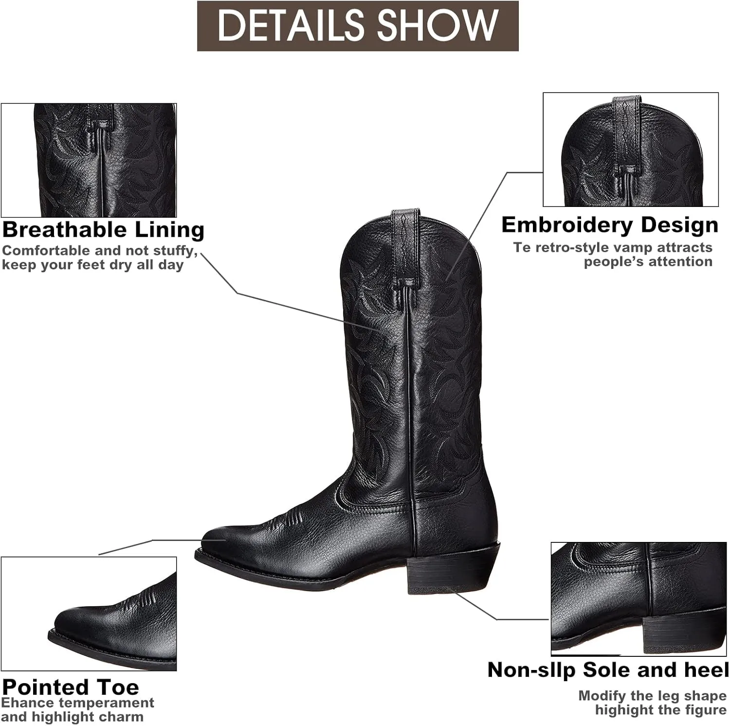 femflame Cowboy Boots for Men Round Toe Distressed Work boots Embroidered Western Boots Traditional Country Boot