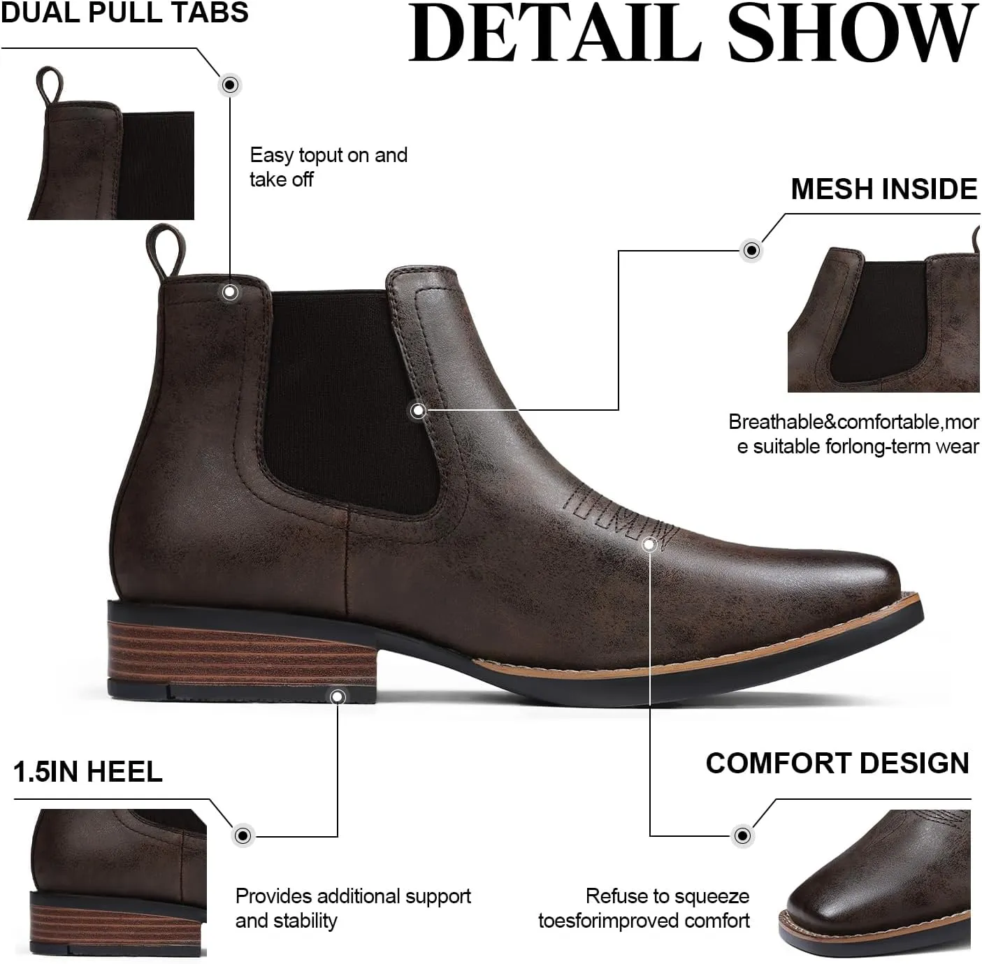 femflame Cowboy Boots for Men Square Toe Chelsea Boots Waterproof Classic Elastic Slip on Chukka Ankle Boots Casual…