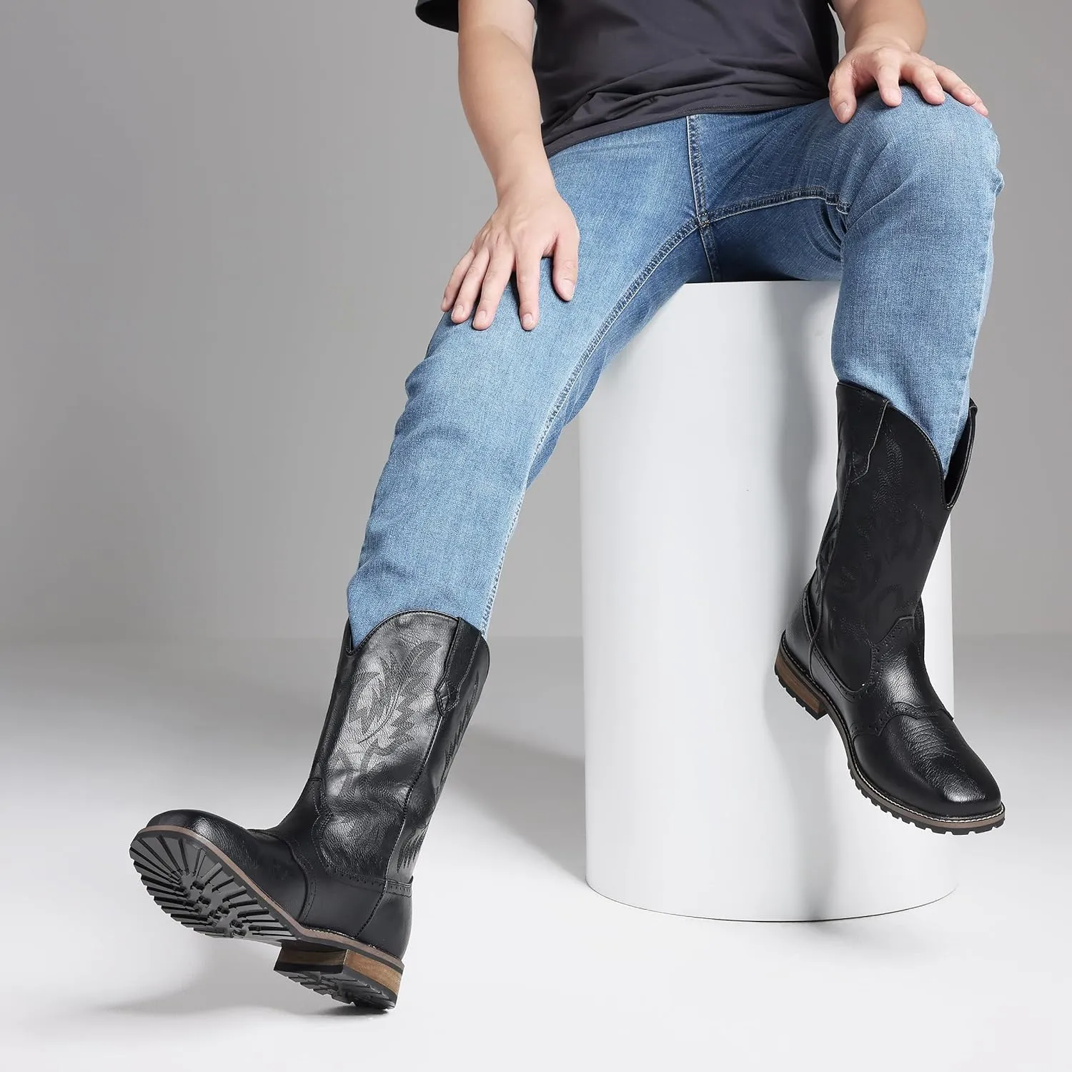 femflame Cowboy Boots For Men Square Toe Leather Western Boots Classic Embroidered Durable Slip Resistant Chunky Heel Pull On Distressed Work Boots