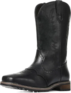 femflame Cowboy Boots For Men Square Toe Leather Western Boots Classic Embroidered Durable Slip Resistant Chunky Heel Pull On Distressed Work Boots