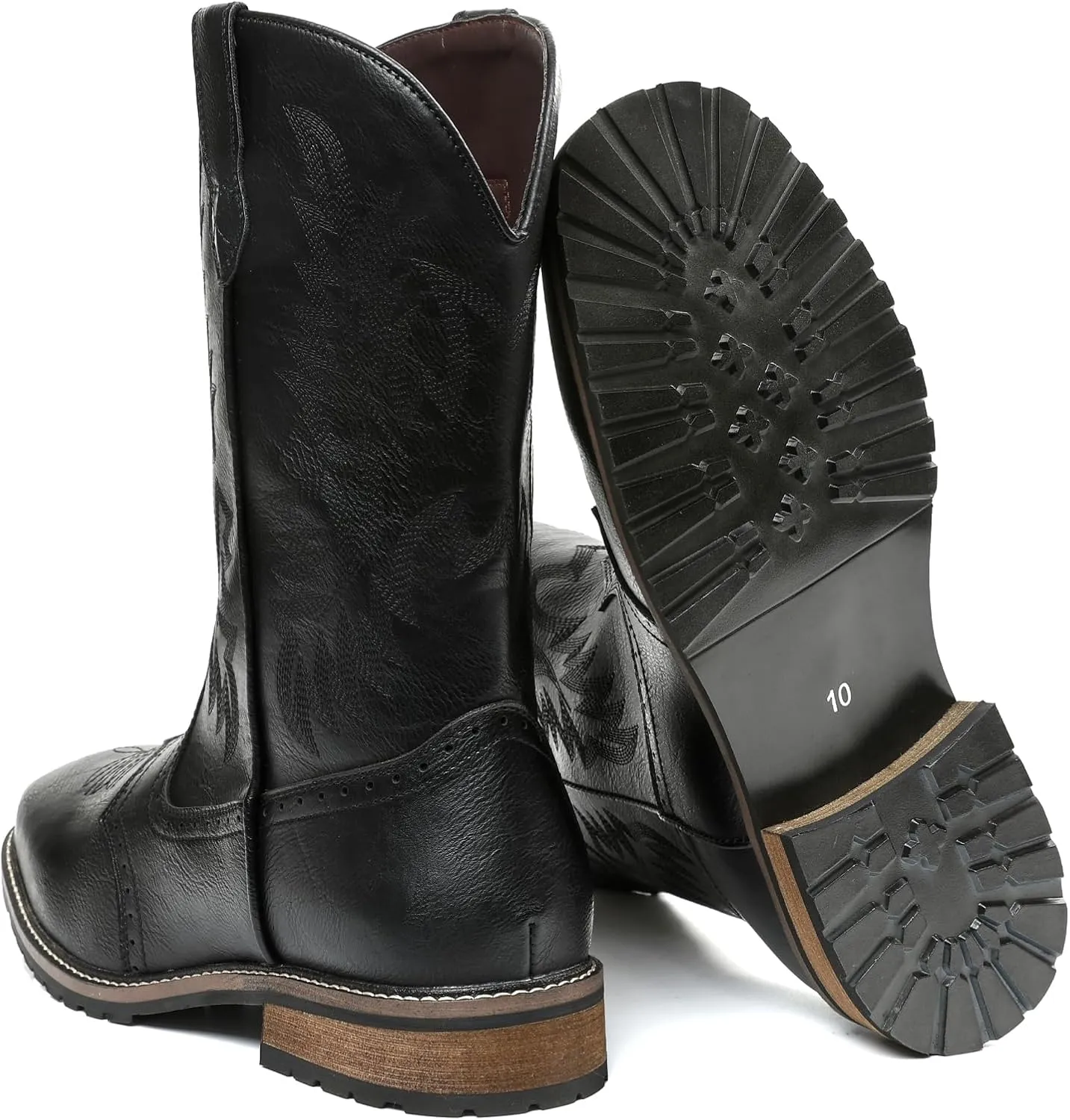 femflame Cowboy Boots For Men Square Toe Leather Western Boots Classic Embroidered Durable Slip Resistant Chunky Heel Pull On Distressed Work Boots