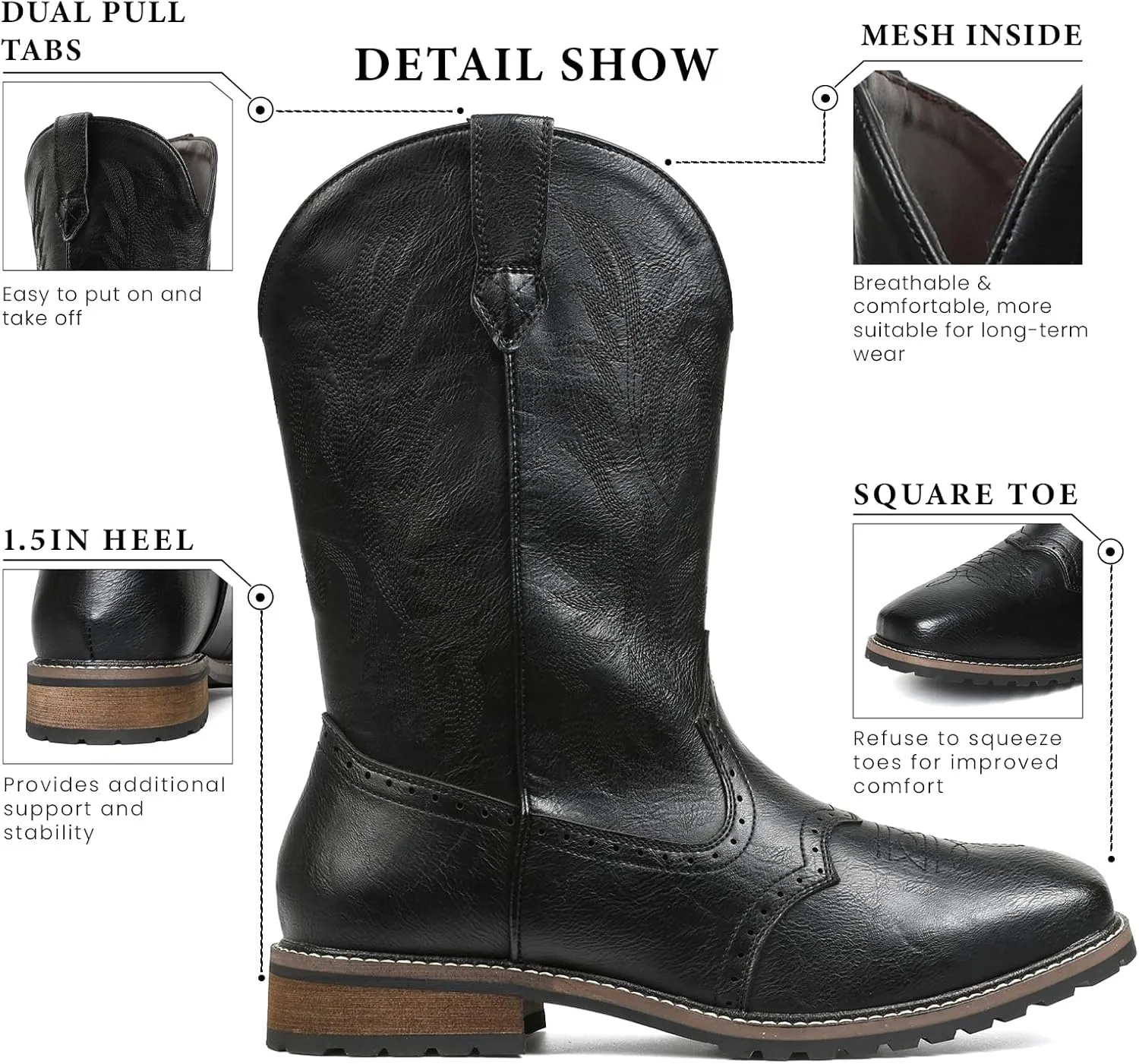 femflame Cowboy Boots For Men Square Toe Leather Western Boots Classic Embroidered Durable Slip Resistant Chunky Heel Pull On Distressed Work Boots