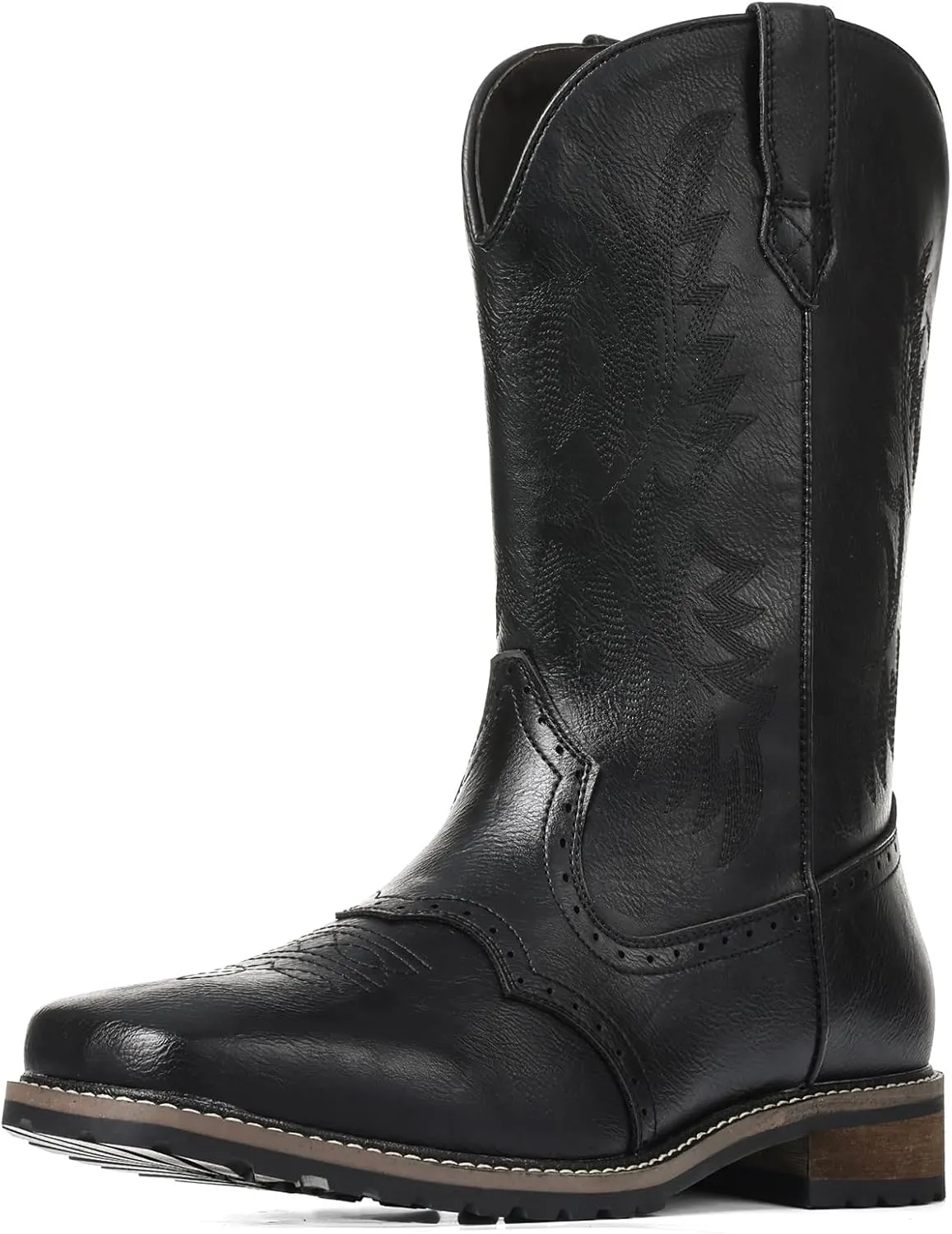 femflame Cowboy Boots For Men Square Toe Leather Western Boots Classic Embroidered Durable Slip Resistant Chunky Heel Pull On Distressed Work Boots