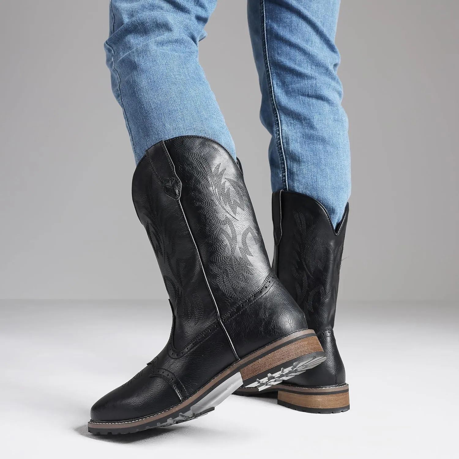 femflame Cowboy Boots For Men Square Toe Leather Western Boots Classic Embroidered Durable Slip Resistant Chunky Heel Pull On Distressed Work Boots