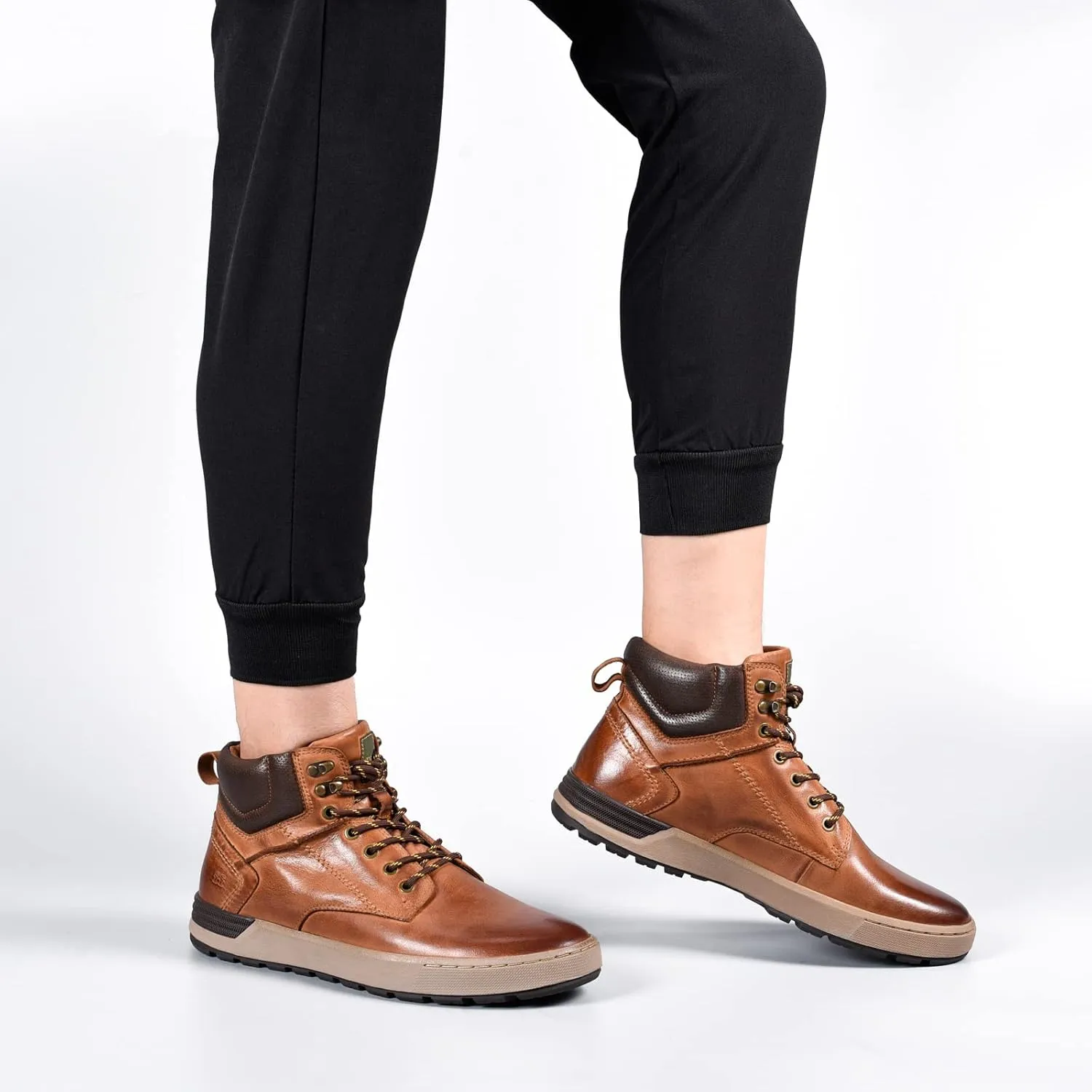FIEEIF Mens Genuine Leather Ankle Boots Lace-Up Comfortable Sports Mid-Top Casual Sneakers Chukka Boot for Men Non Slip Outdoor Shoes