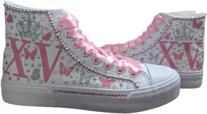 Fifthhen Birthday Custom Shoes Canva, Quinceanera Sneakers Buterflies Printed, Mis XV Shoes high top Blue