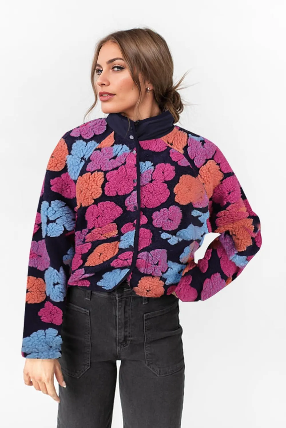 Floral Fleece Jacket Button Down Shacket Casual Sherpa Coats Warm Outwear