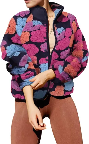 Floral Fleece Jacket Button Down Shacket Casual Sherpa Coats Warm Outwear