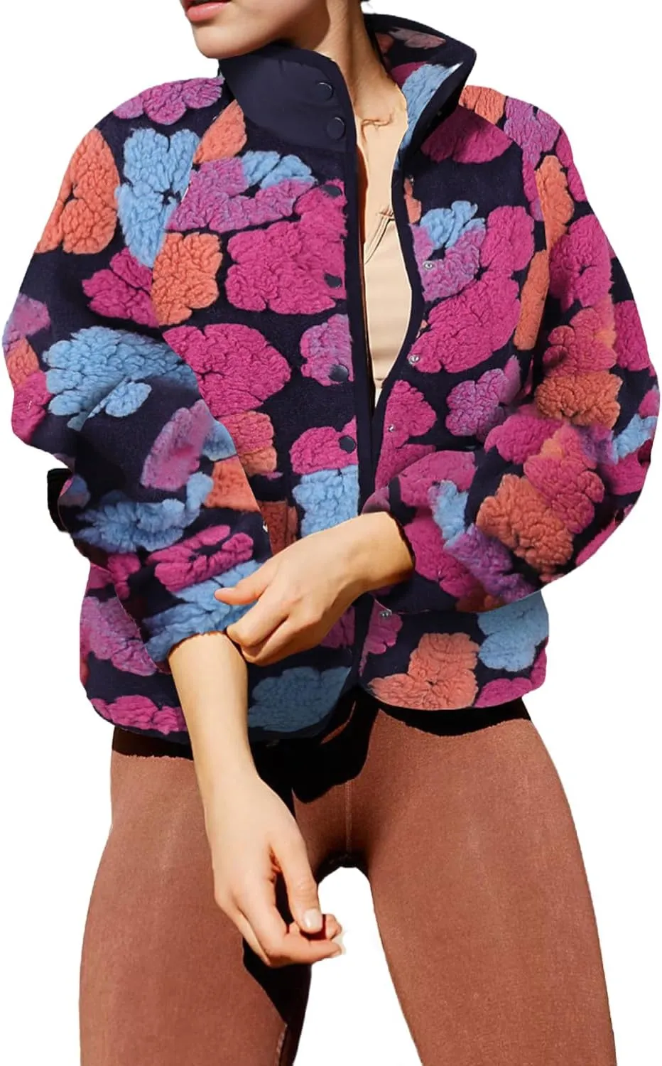 Floral Fleece Jacket Button Down Shacket Casual Sherpa Coats Warm Outwear