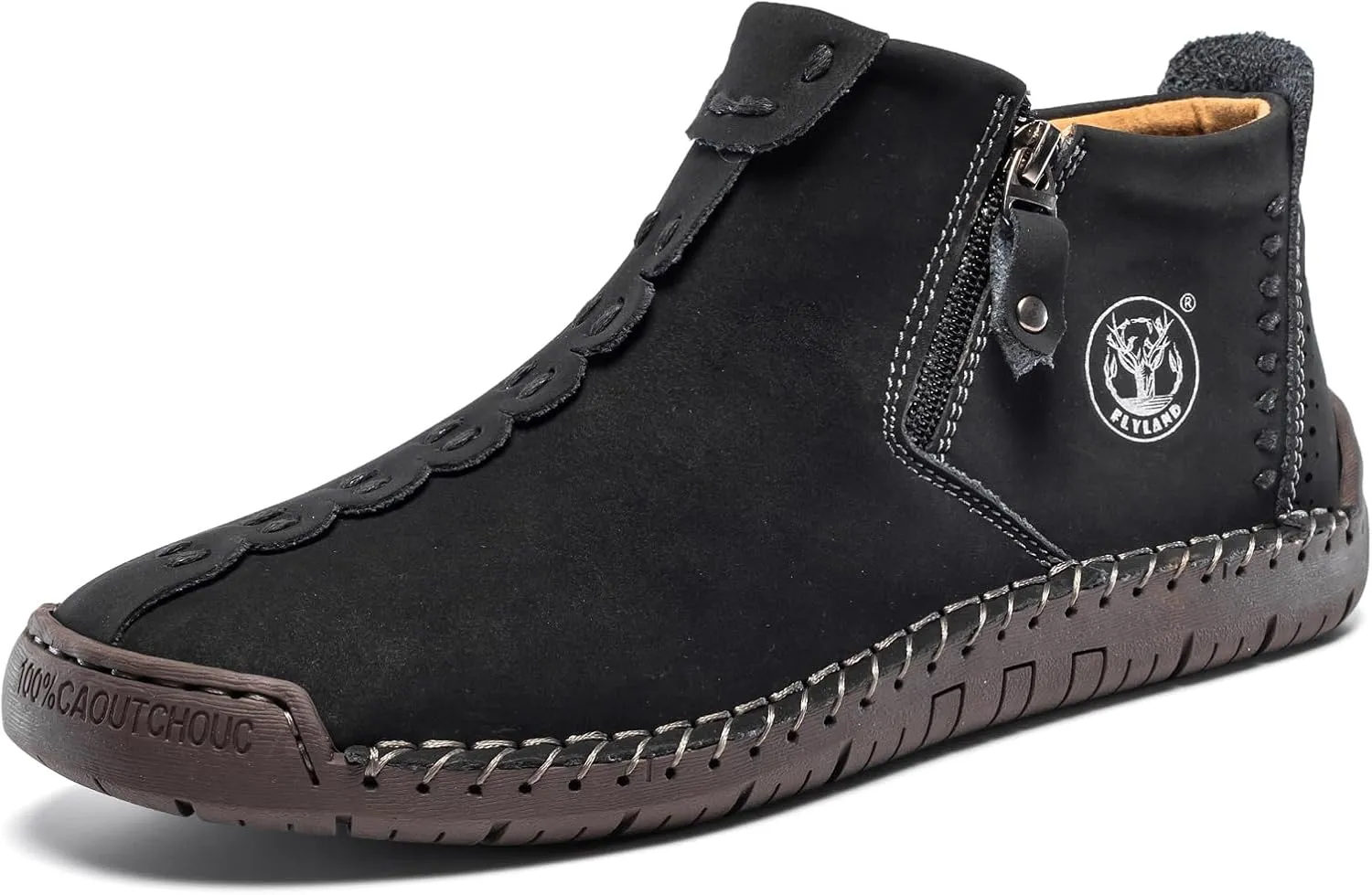 FLYLAND Men's Casual Leather Handmade Fashion Sneakers Ankle Chukka Boots Lightweight Mid-top Dress Shoes Walking Driving Shoe