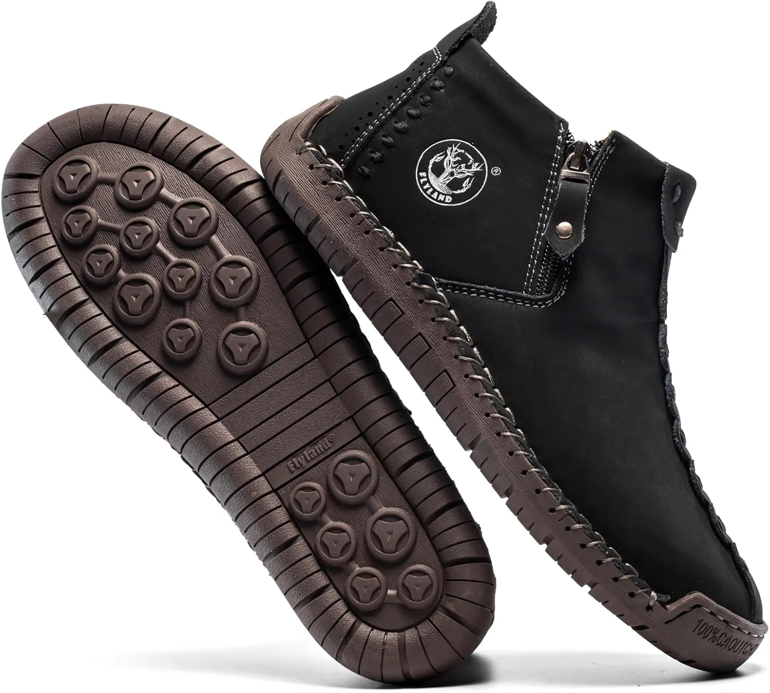 FLYLAND Men's Casual Leather Handmade Fashion Sneakers Ankle Chukka Boots Lightweight Mid-top Dress Shoes Walking Driving Shoe