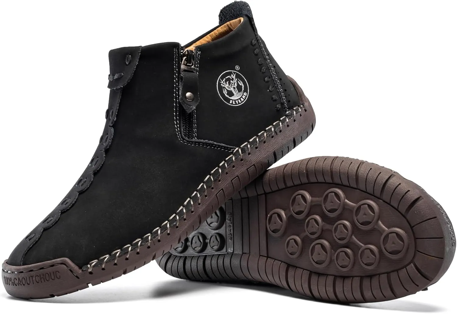 FLYLAND Men's Casual Leather Handmade Fashion Sneakers Ankle Chukka Boots Lightweight Mid-top Dress Shoes Walking Driving Shoe