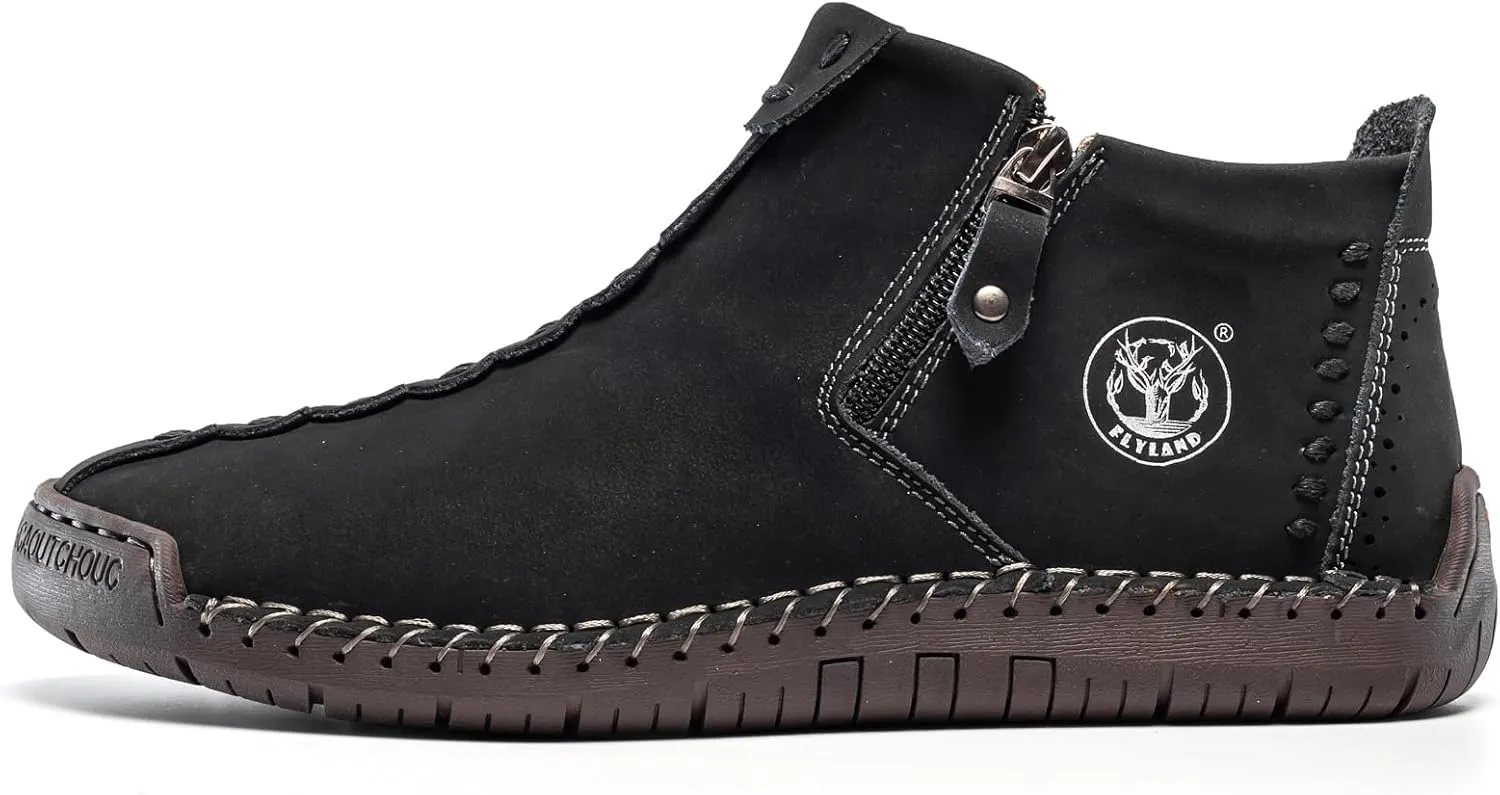 FLYLAND Men's Casual Leather Handmade Fashion Sneakers Ankle Chukka Boots Lightweight Mid-top Dress Shoes Walking Driving Shoe