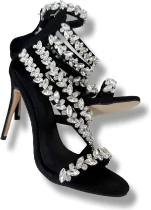 Frankie Hsu Ladies Girl Stiletto High Heeled Pumps Sandals, Black Suede Rhinestone Gems Designer Luxury Style, Big Large Size US4-19 Unisex Wedding Shoes For Women Men