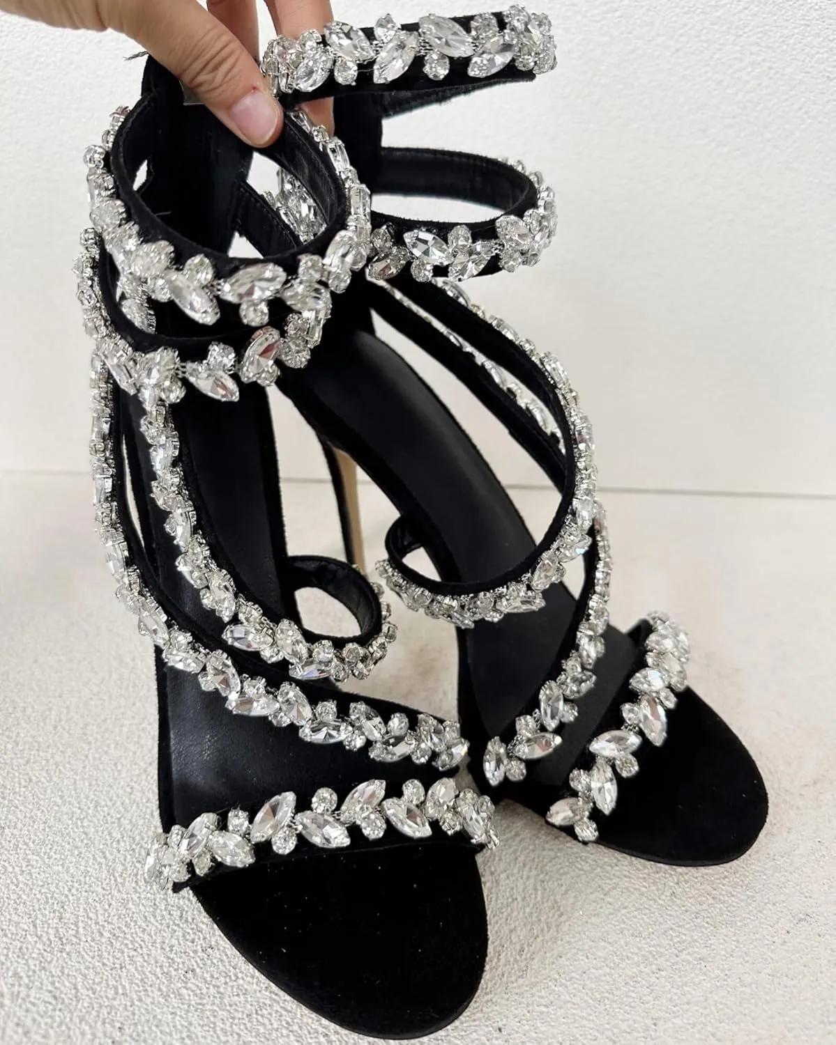 Frankie Hsu Ladies Girl Stiletto High Heeled Pumps Sandals, Black Suede Rhinestone Gems Designer Luxury Style, Big Large Size US4-19 Unisex Wedding Shoes For Women Men